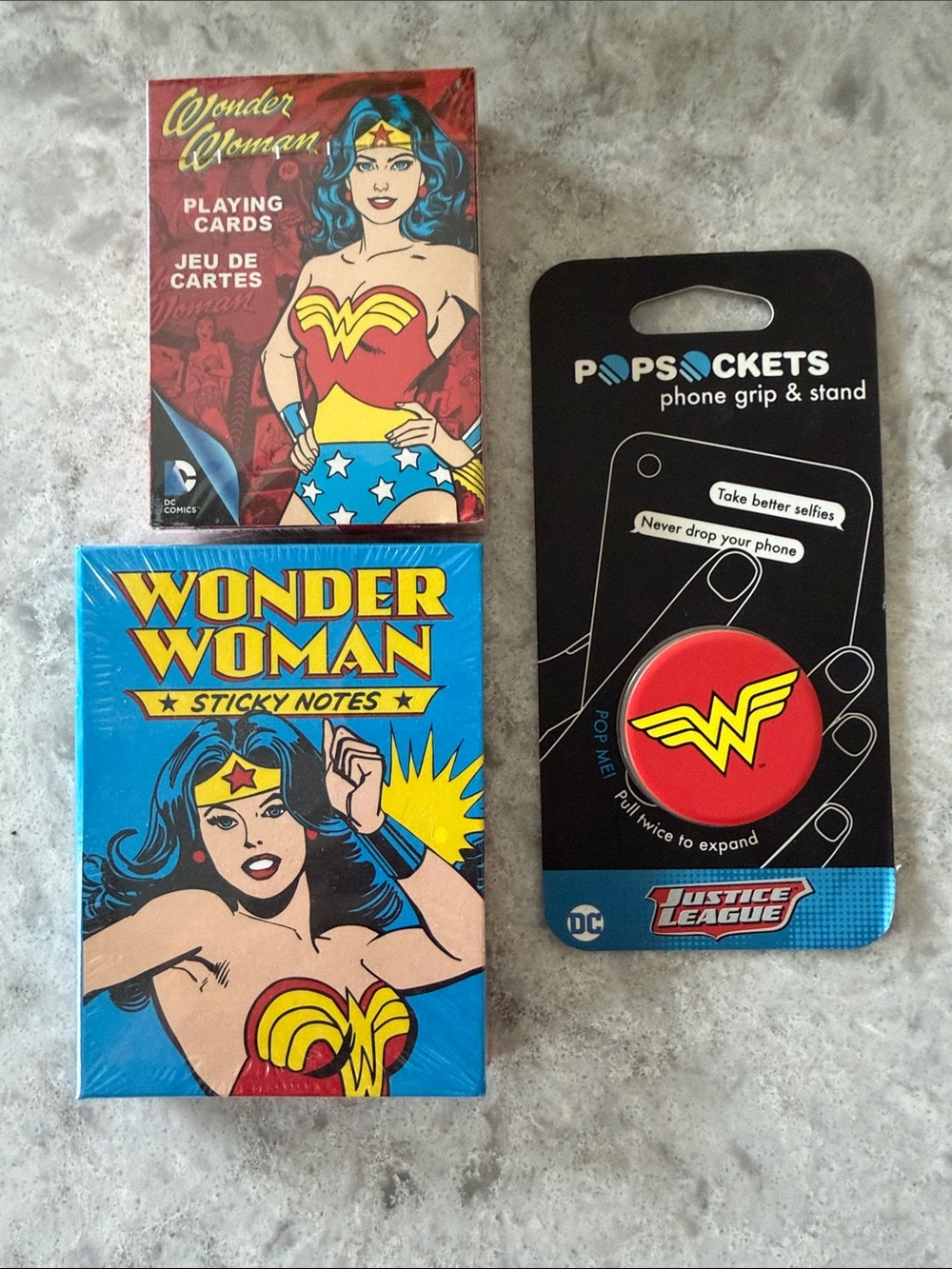 Wonder Woman Red PopSocket Phone Grip, Sticky Notes Set, and Playing Cards